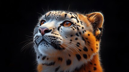 Obraz premium A close-up portrait of a snow leopard with piercing amber eyes looking up against a black background.