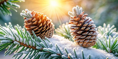 Obraz premium Frost-Kissed Pine Cones Bask in the Golden Light of a Winter Sun