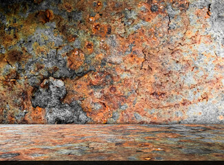 Wall studioc room rust iron rusty steel background old sheet brown orange color effect weathered wall floor rough pattern seamless dirty grounge metallic damaged rusted textured backdrop.