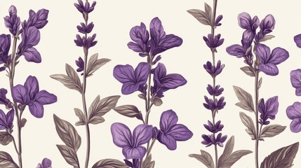 A Botanical Illustration of Purple Flowers and Green Foliage