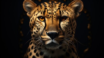 Obraz premium Close-up portrait of a cheetah with piercing yellow eyes, captured against a dark background, illuminated by a soft golden glow.