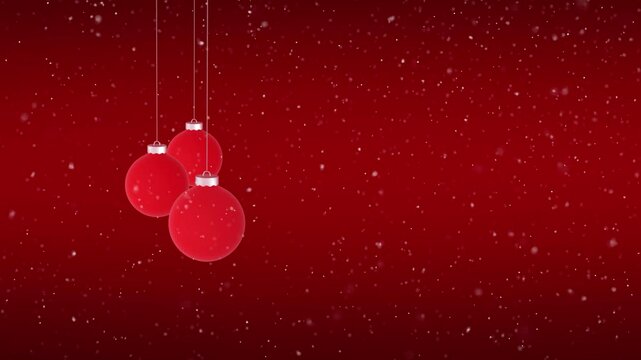 Looped realistic snowfall on red background with swinging baubles.