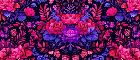 Vibrant floral pattern with pink and purple flowers set against a dark background, creating a striking visual impact.