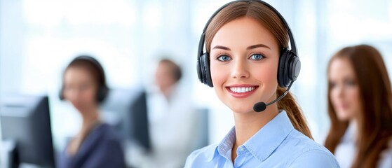 Smiling woman with headset working in a modern office environment, engaging with clients and providing excellent customer service.