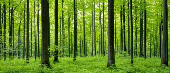 Lush green forest with tall trees and vibrant foliage, creating a serene and tranquil atmosphere.