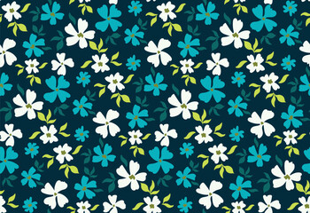 Charming blue and green floral seamless pattern design. Delicate hand drawn line art illustration.