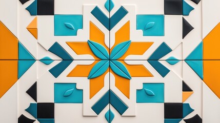 A close up view of a hand painted ceramic tile from Morocco with intricate geometric patterns and vibrant glazes.