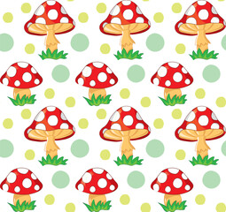 Seamless pattern of cartoon mushrooms in red color on white background. Kids room wall pattern design.
