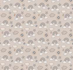Rainbow, clouds, stars and planets seamless pattern for nursery and children's clothing.