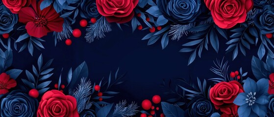 Beautiful floral arrangement featuring red roses and blue flowers on a dark background.