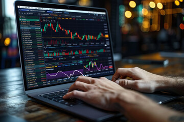 A person engages in cryptocurrency trading on a laptop to maximize investment opportunities