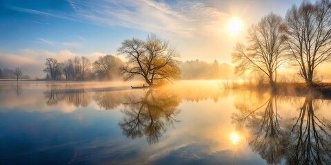 Fototapeta premium Golden Light Illuminates a Serene Morning Landscape with Misty Reflections of Trees and the Sun in the Still Waters of a Lake