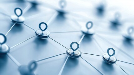 Abstract network connections with location markers on a blue background.