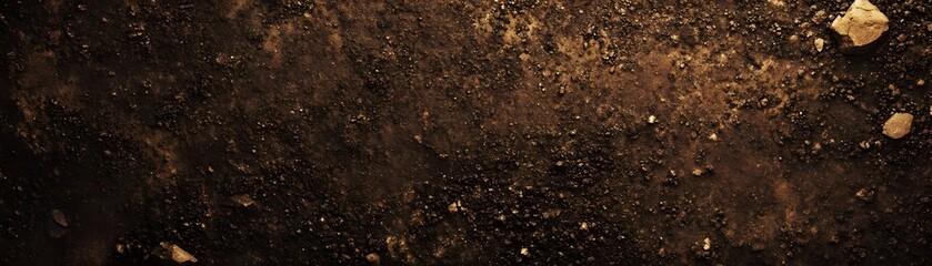 Close-up of Rough, Dark Brown Soil with Scattered Stones