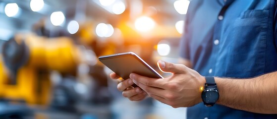 Hands holding a digital tablet displaying a smart industry control panel with automated machinery and equipment visible in the blurred background
