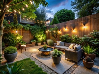 Cozy Backyard Night Photography with Unique Rubber Planting Area and Soft Ambient Lighting, Lush Greenery, Tranquil Outdoor Space, and Inviting Atmosphere for Relaxation and Enjoyment