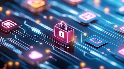 Obraz premium A vibrant digital illustration featuring a padlock symbolizing cybersecurity, surrounded by various icons on a tech-inspired background.