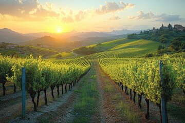 Naklejka premium Golden sunlight casts a warm glow over the expansive vineyard, highlighting the rows of grapevines and the rolling hills in the distance