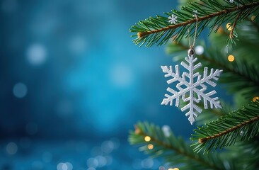 A beautiful Christmas tree and a dangling snowflake on a shiny blue background with a bokeh effect. Festive decoration for winter holidays. Modern design with the possibility of placing copies for pos