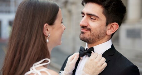 Smile, couple and fashion with wedding outdoor for promise, celebration and marriage commitment at court. Happy, people and city reception with partnership, relationship loyalty and romance ceremony