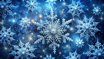 A symphony of intricate snowflakes dances upon a deep blue canvas, their delicate crystalline forms illuminated by a cascade of twinkling lights.