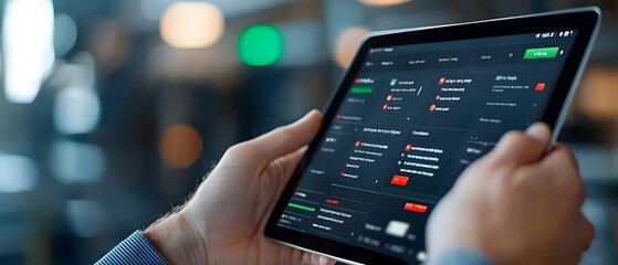 Industrial Automation Dashboard on Tablet with Smart Industry Control and Blurred Machines in Background  Modern digital factory management interface showing automation technology