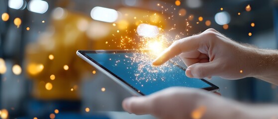 Hands of a person operating a digital tablet in a smart automated factory environment with blurred industrial machinery and equipment running in the background
