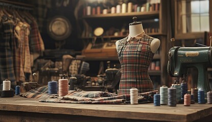 A sewing machine, spools of thread, and a dress form sit on a table in a vintage sewing workshop.