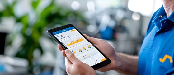 Hands holding a tablet device displaying a smart industry dashboard that monitors and controls the automated machines and processes in a digital technology driven factory or manufacturing facility