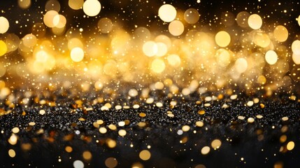 Abstract Festive Background with Black Glitter and Golden Bokeh Lights