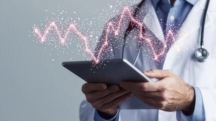 Doctor with tablet showing genetic markers, personalized health risk management approach