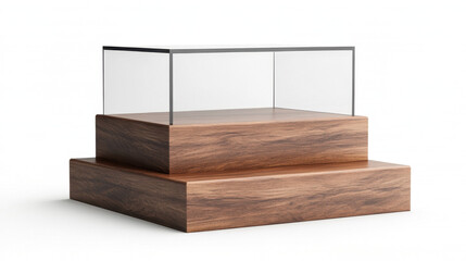 A modern display case with a wooden base and glass enclosure, ideal for showcasing collectibles or artwork.