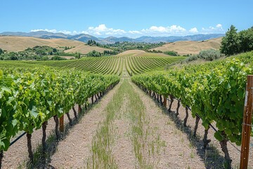 Naklejka premium Lush green grapevines stretch across rolling hills, inviting exploration in this picturesque vineyard under a clear blue sky on a sunny day
