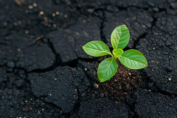 Small plant growing through cracked asphalt nature
