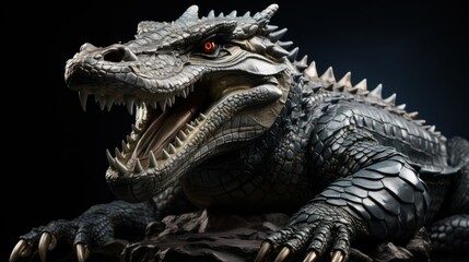 Fototapeta premium A close-up of a fearsome, snarling, grey, scaly, dragon-like creature with sharp teeth and claws, posed on a dark background, with menacing red eyes.
