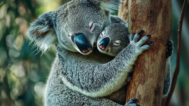A koala and her joey cuddle in a tree, taking a nap in the Australian outback