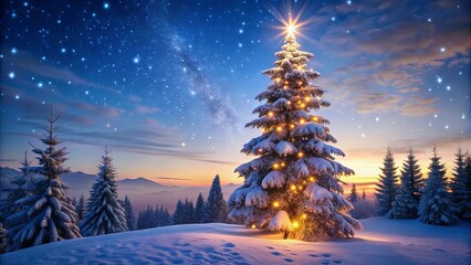 A Festive Evergreen Glows Against a Starry Winter Sky, Its Branches Dusted with Powdery Snow, A Symbol of Joy and Wonder Amidst the Serenity of the Frozen Landscape