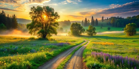 Fototapeta premium A winding dirt road meanders through a verdant meadow, bathed in the golden glow of a rising sun, illuminating a field of wildflowers and ethereal mist.