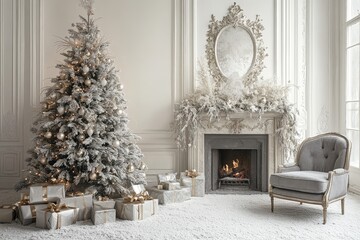 Christmas tree decorated with gold and silver accessories in apartment interior, white walls, gray armchair and sofa, fireplace with mirror, garland lights, gifts under chair, white Christmas scene ba