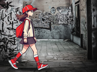 Clip art of young woman walking with hat on