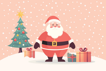 Santa claus standing in snow ground with gift boxes and christmas tree