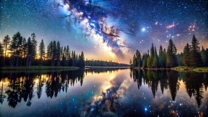 Silhouettes of Trees Lining a Still Lake Under a Starry Sky with the Milky Way Reflected in the Water