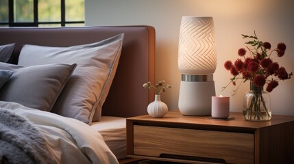 A modern bedroom nightstand with a lamp, candle, and vase with flowers.