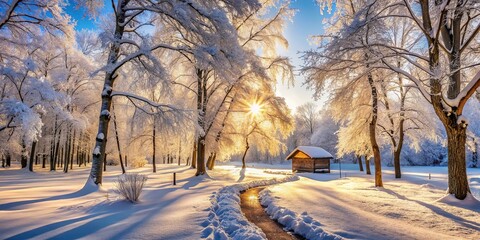 A serene winter landscape with a sunlit path winding through a snow-covered forest, adorned with frosty trees and a charming wooden cabin in the distance.