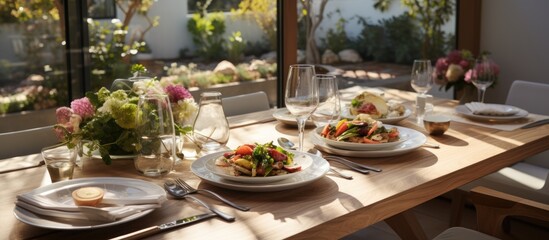 Table setting with a flower centerpiece, three plates, and silverware in a dining room.
