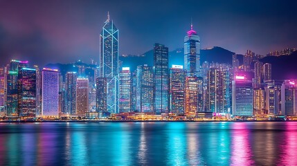 Fototapeta premium Vibrant Nighttime Skyline of Hong Kong with Illuminated Skyscrapers Reflecting on the Water