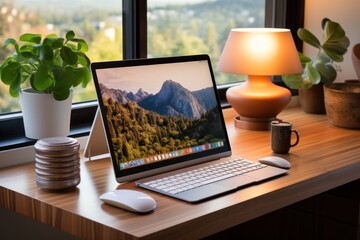 A laptop computer with a white wireless mouse and keyboard is on a wooden desk with a cup of coffee, a lamp, and a plant.