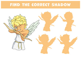 Laughing cartoon character Cupid blond naughty boy draws the string of his bow, choosing a victim. Find the correct shadow game. Educational matching game for kids at a party or school readiness