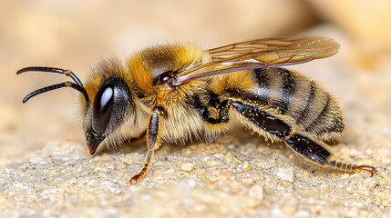 A close-up of a bee, showcasing its detailed texture, fuzzy body, and delicate wings against a blurred natural background.
