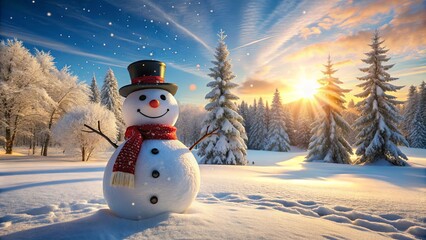 Obraz premium A cheerful snowman stands in a winter wonderland with a backdrop of snow-laden trees bathed in the warm glow of a setting sun.